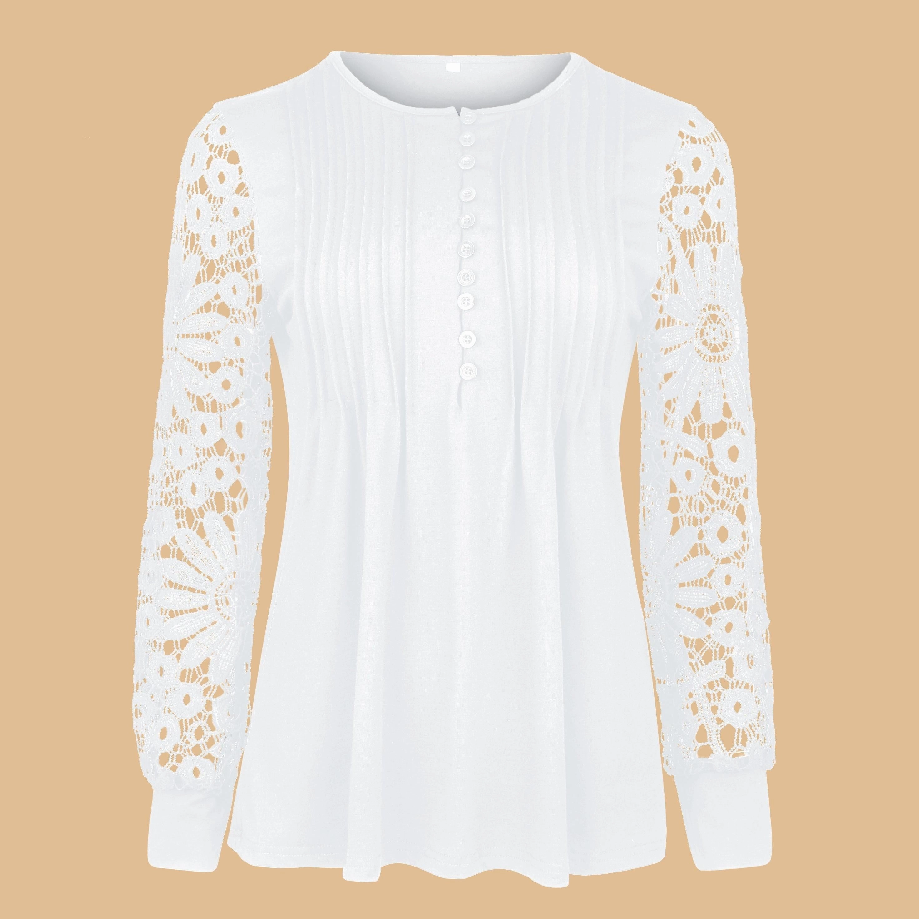 Women's Lace Contrast Pleated Front Long Sleeve T-Shirt with Button V Neck - Elegant Casual Top for Every Occasion