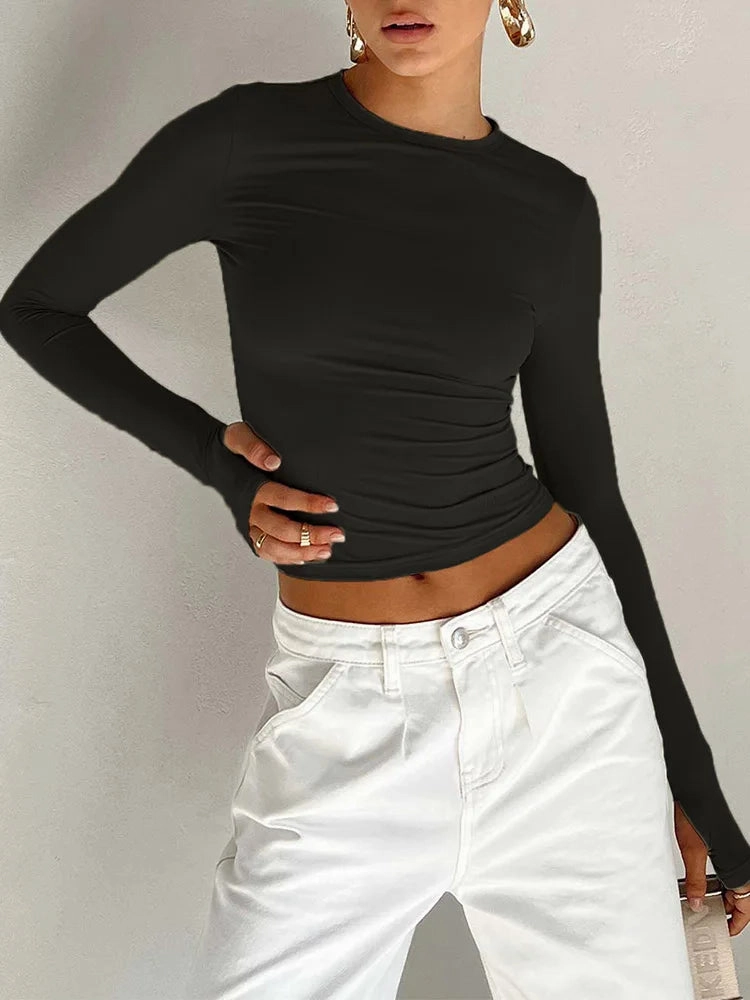 Women??s Long Sleeve Crew Neck Crop Top with Thumb Holes Slim Fit Solid Knit T-Shirt for Summer Streetwear and Casual Outfits