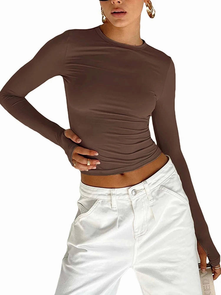 Women??s Long Sleeve Crew Neck Crop Top with Thumb Holes Slim Fit Solid Knit T-Shirt for Summer Streetwear and Casual Outfits