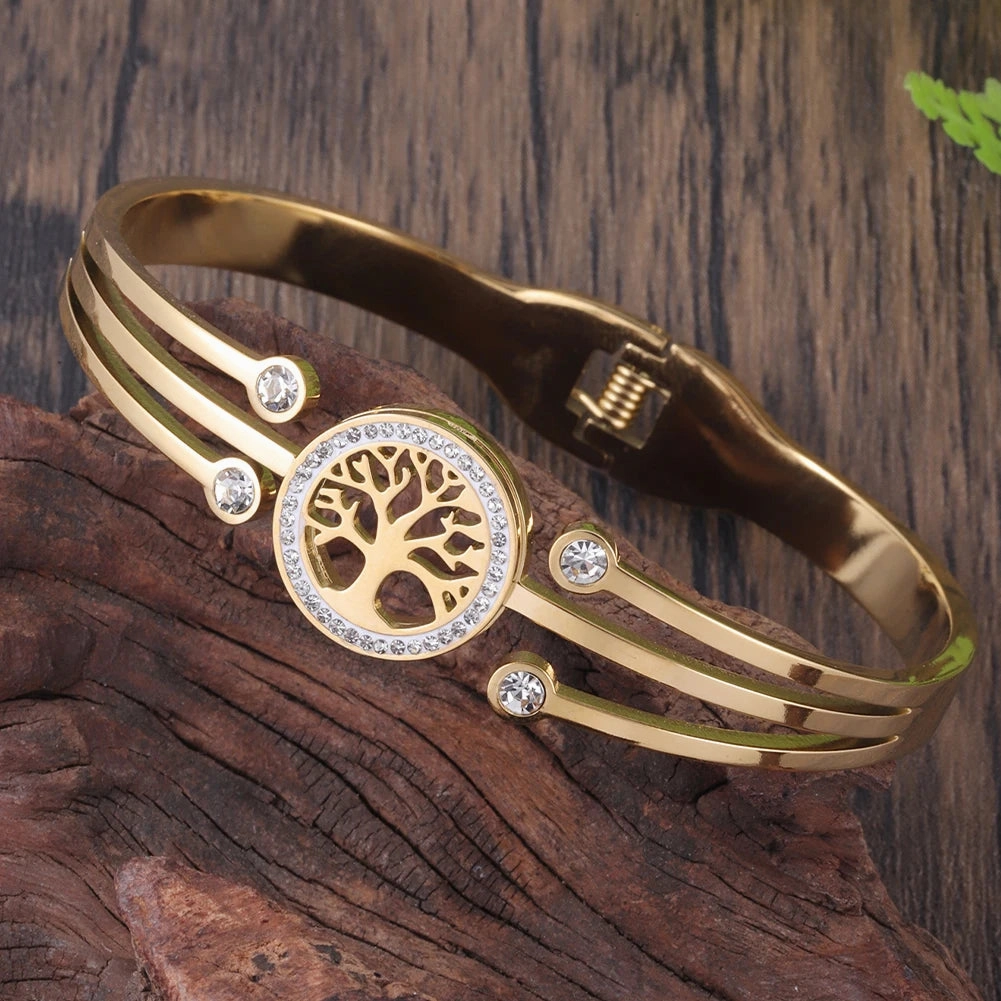 Women's Luxury Designer Bangle Stainless Steel Tree of Life Cuff Bracelet for Women