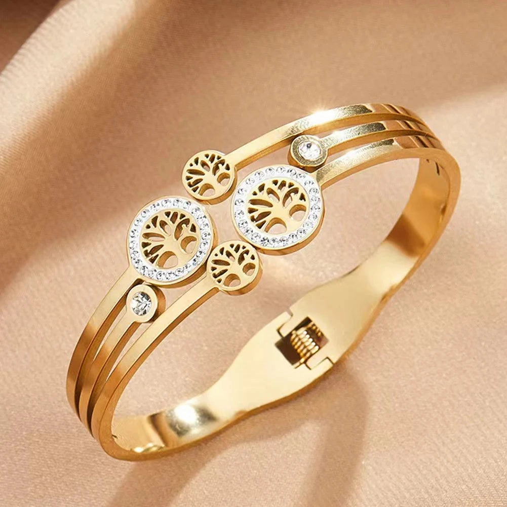 Women's Luxury Designer Bangle Stainless Steel Tree of Life Cuff Bracelet for Women