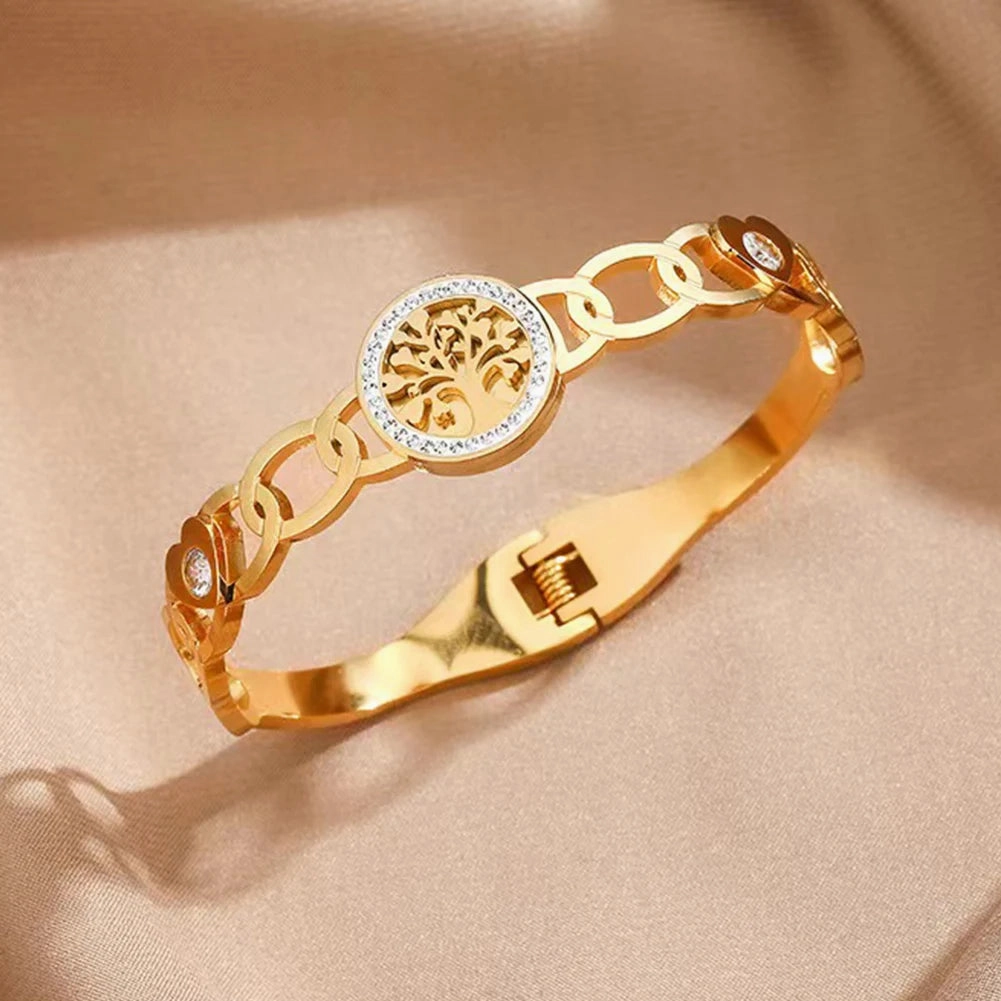 Women's Luxury Designer Bangle Stainless Steel Tree of Life Cuff Bracelet for Women