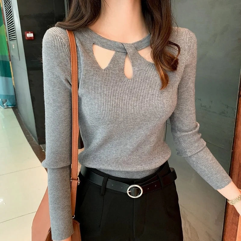 Women's O-neck Stretch Sexy Pullover Sweater for Autumn Winter