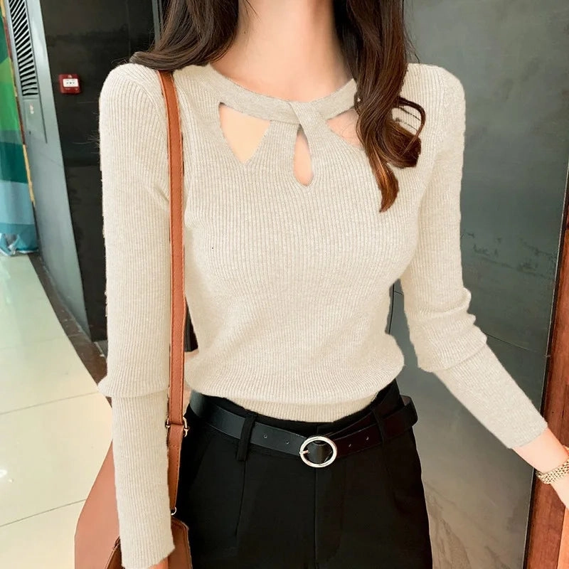 Women's O-neck Stretch Sexy Pullover Sweater for Autumn Winter