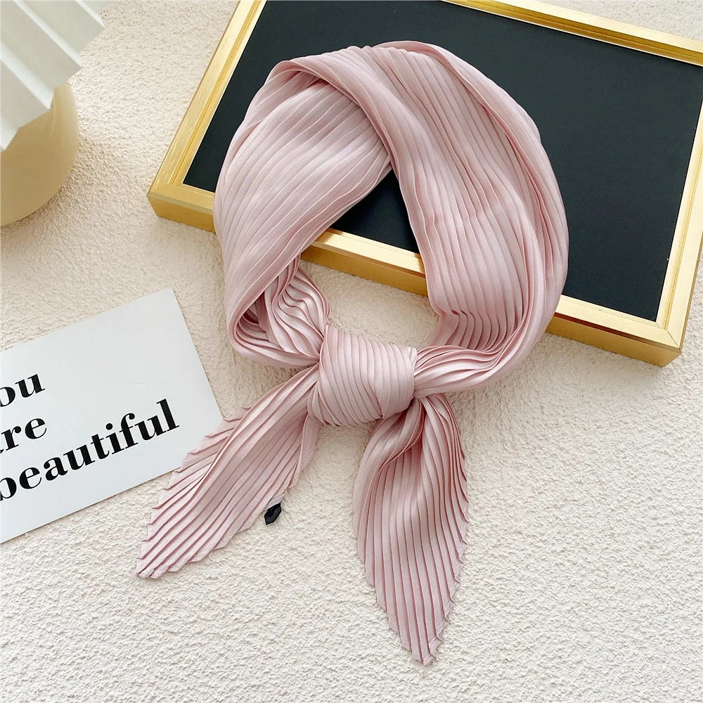 Women'S Pleated Print Silk Scarf Satin Spring Summer 70*70cm Neckerchief Decorative Accessory