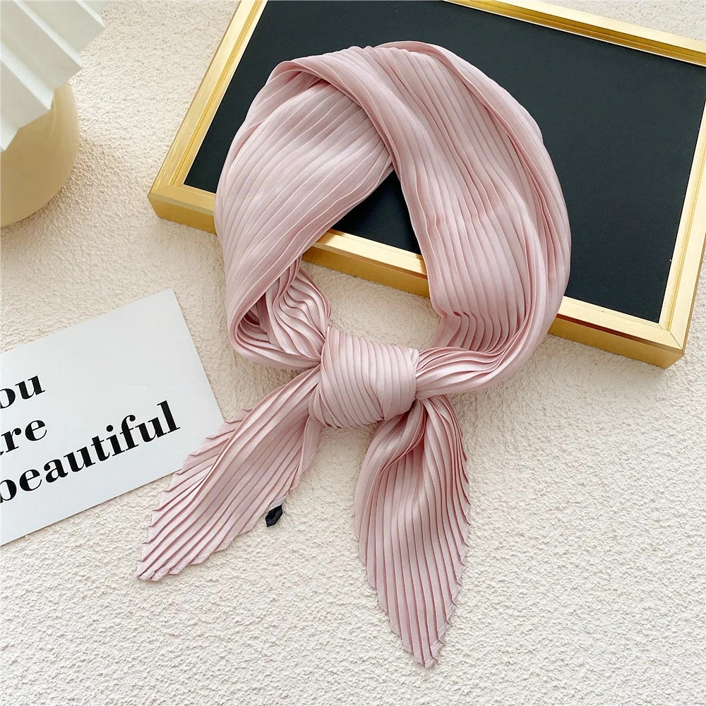 Women'S Pleated Print Silk Scarf Satin Spring Summer 70*70cm Neckerchief Decorative Accessory