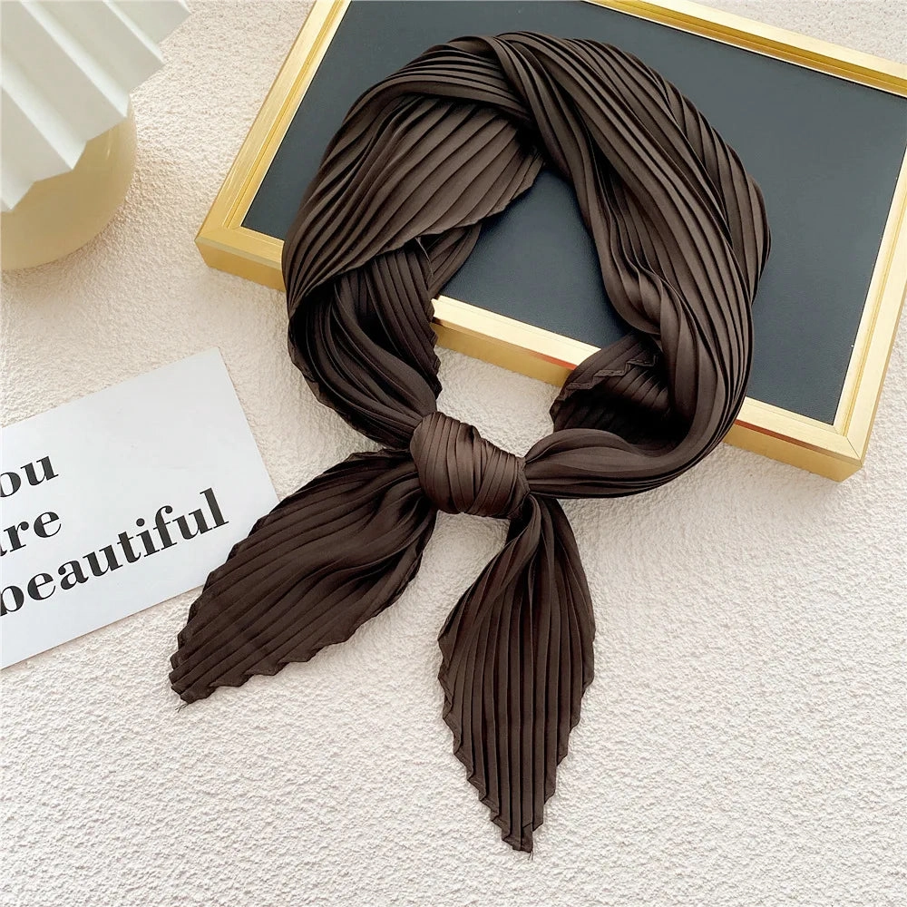 Women'S Pleated Print Silk Scarf Satin Spring Summer 70*70cm Neckerchief Decorative Accessory