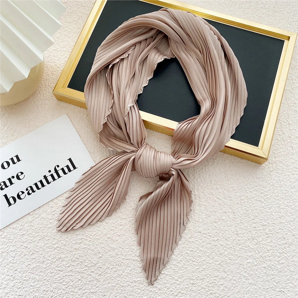 Women'S Pleated Print Silk Scarf Satin Spring Summer 70*70cm Neckerchief Decorative Accessory