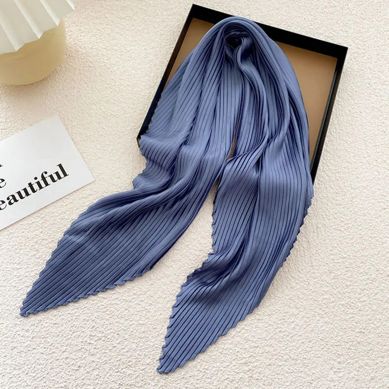 Women'S Pleated Print Silk Scarf Satin Spring Summer 70*70cm Neckerchief Decorative Accessory