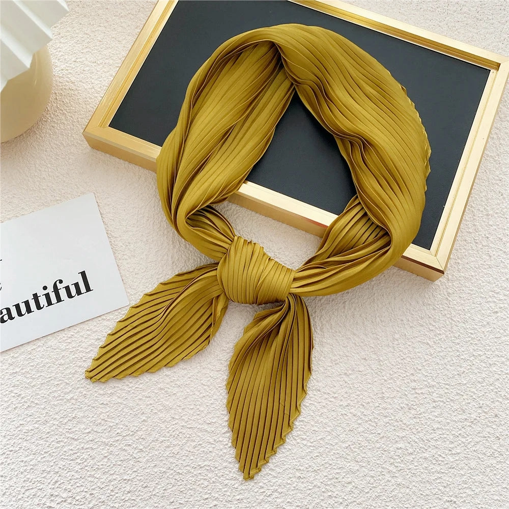 Women'S Pleated Print Silk Scarf Satin Spring Summer 70*70cm Neckerchief Decorative Accessory