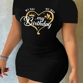 Women's Plus Size Summer Birthday Letter Print T-Shirt Dress
