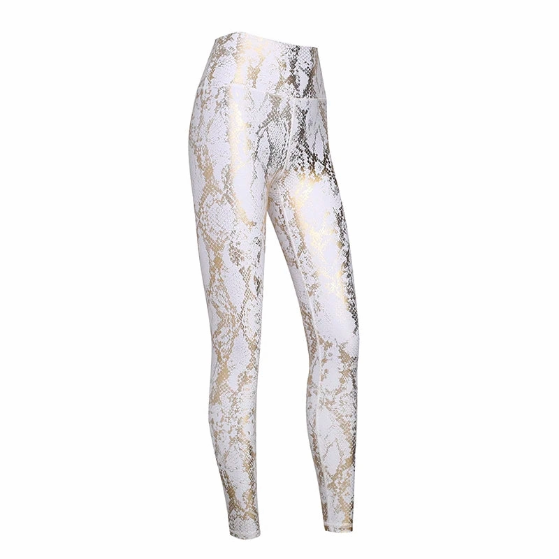 Women??s Retro Metallic Snake Gym Leggings Blue Silver Shiny Legging Fitness Bottoms for High Rise Workout and Yoga