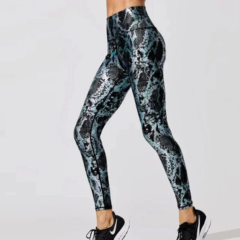 Women??s Retro Metallic Snake Gym Leggings Blue Silver Shiny Legging Fitness Bottoms for High Rise Workout and Yoga