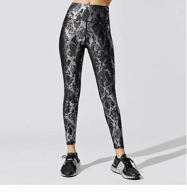 Women??s Retro Metallic Snake Gym Leggings Blue Silver Shiny Legging Fitness Bottoms for High Rise Workout and Yoga