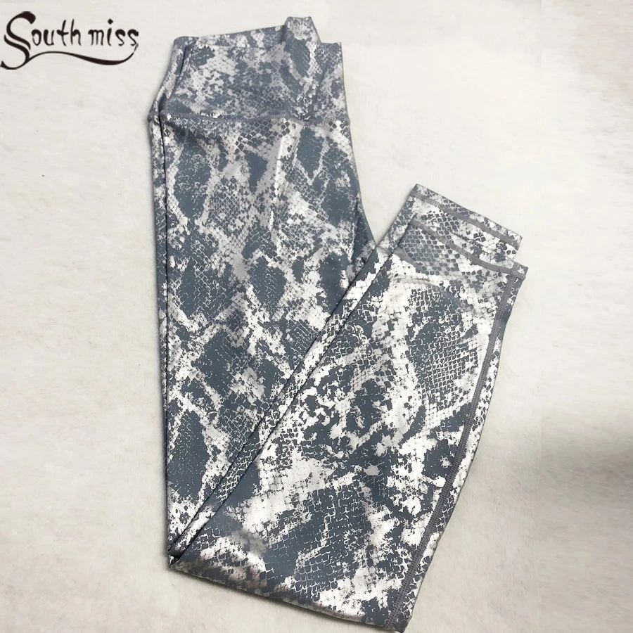 Women??s Retro Metallic Snake Gym Leggings Blue Silver Shiny Legging Fitness Bottoms for High Rise Workout and Yoga