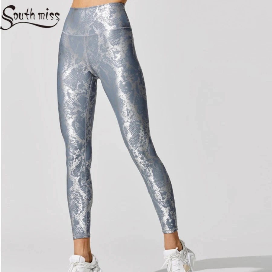 Women??s Retro Metallic Snake Gym Leggings Blue Silver Shiny Legging Fitness Bottoms for High Rise Workout and Yoga