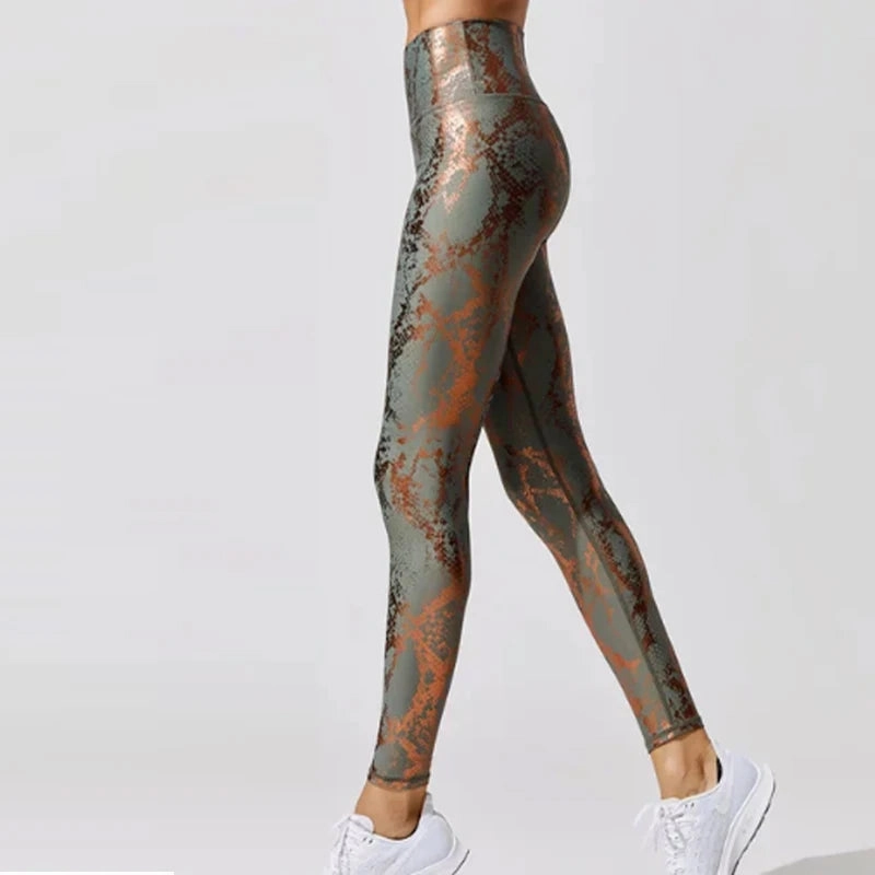 Women??s Retro Metallic Snake Gym Leggings Blue Silver Shiny Legging Fitness Bottoms for High Rise Workout and Yoga