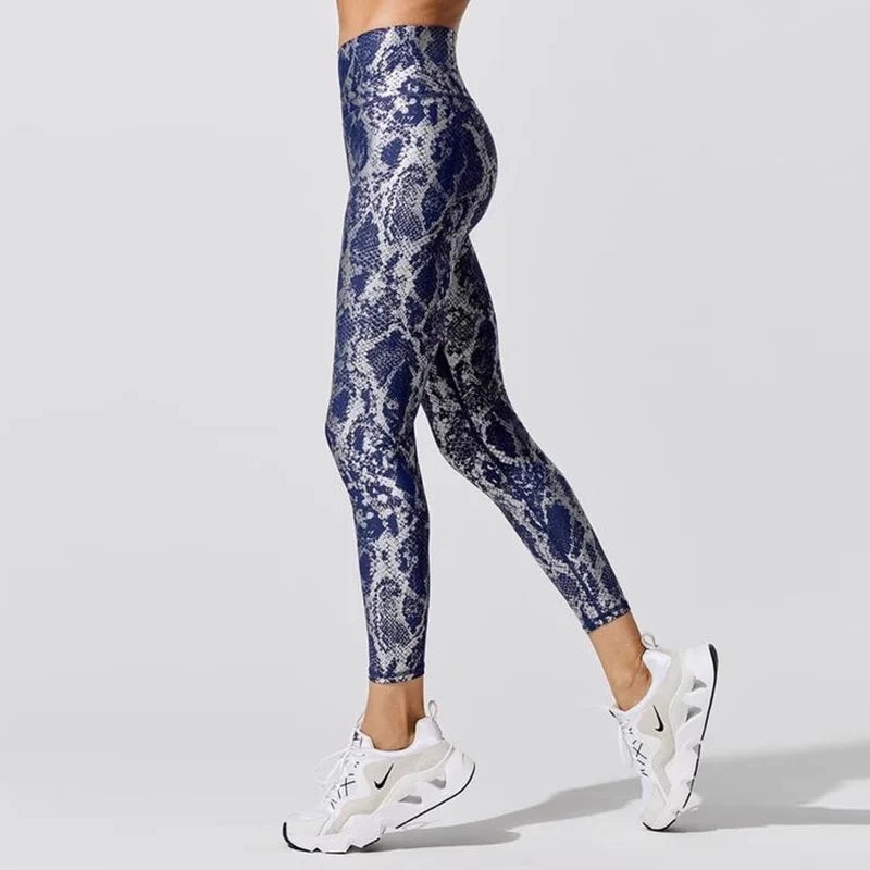 Women??s Retro Metallic Snake Gym Leggings Blue Silver Shiny Legging Fitness Bottoms for High Rise Workout and Yoga