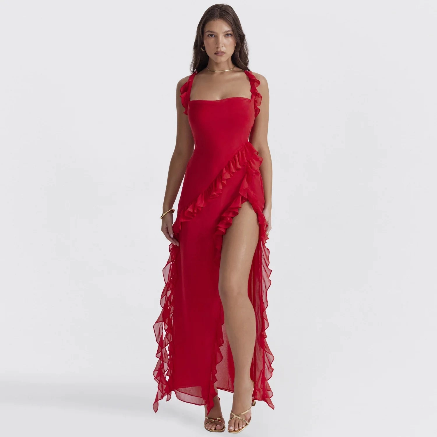 Women's Ruffle Edge Long Skirt Sleeveless High Split Dress