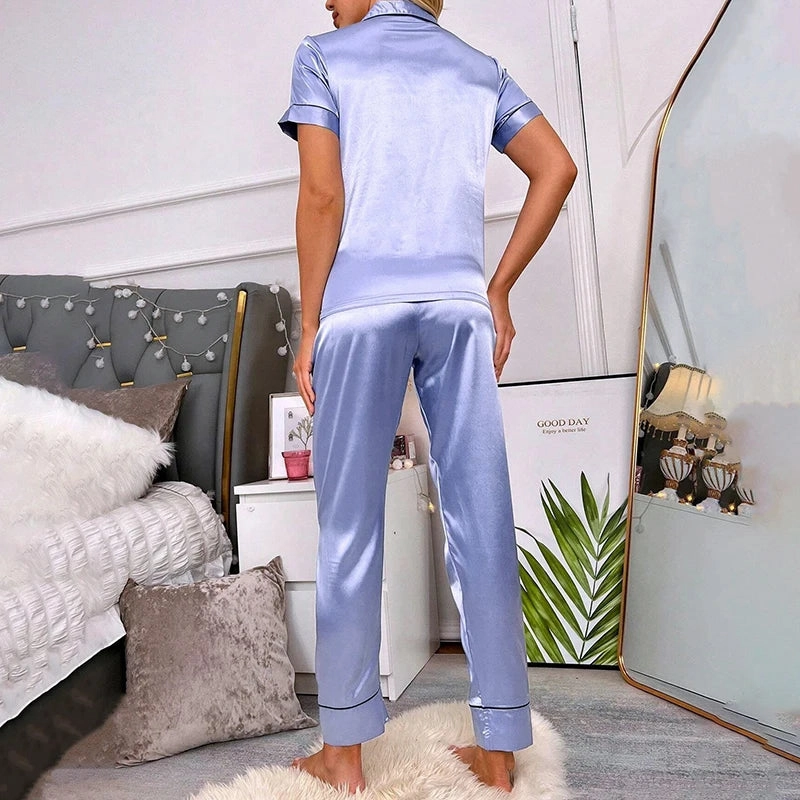 Women's Satin Pajama Set Short Sleeve Pocket Heart Embroidery Autumn Loungewear