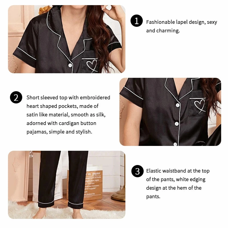 Women's Satin Pajama Set Short Sleeve Pocket Heart Embroidery Autumn Loungewear