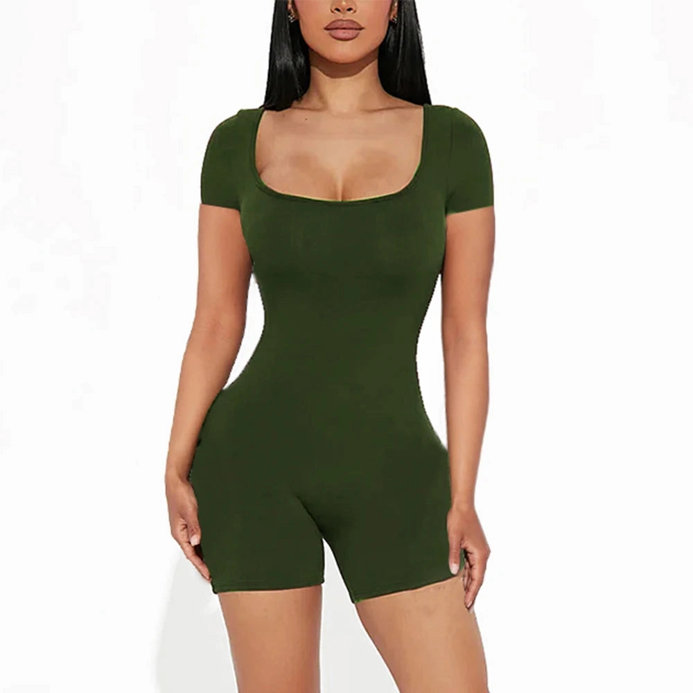 Women's Sexy Solid Short Sleeve Crew Neck Bodycon Jumpsuit