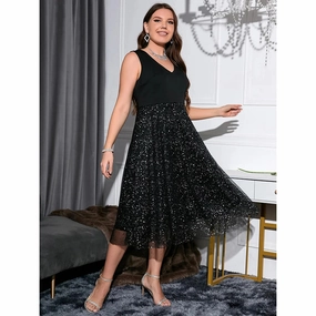 Women's Sexy V-Neck A-Line Mesh Swing Midi Dress Plus Size for Evening Party