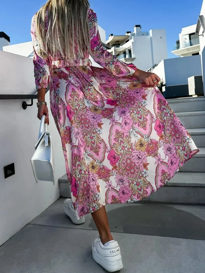 Women's Sexy V-Neck Summer Dress with Belt Mid-Calf Length Printed Slim Fit Casual Beach Style