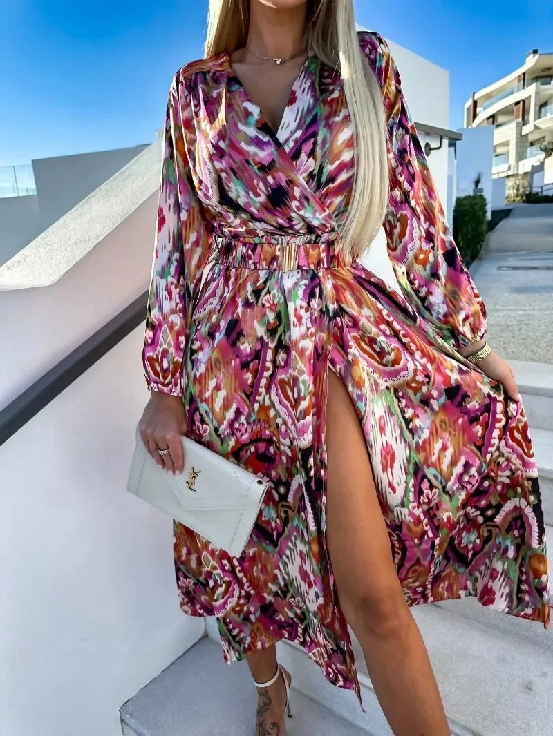 Women's Sexy V-Neck Summer Dress with Belt Mid-Calf Length Printed Slim Fit Casual Beach Style
