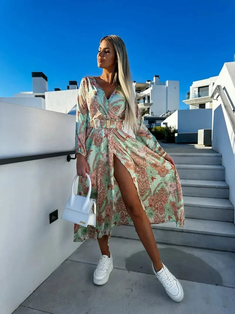 Women's Sexy V-Neck Summer Dress with Belt Mid-Calf Length Printed Slim Fit Casual Beach Style