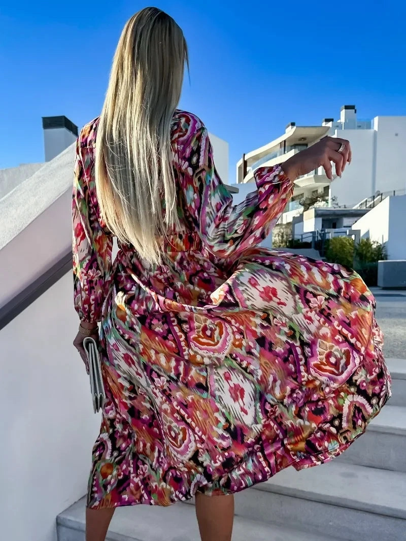 Women's Sexy V-Neck Summer Dress with Belt Mid-Calf Length Printed Slim Fit Casual Beach Style