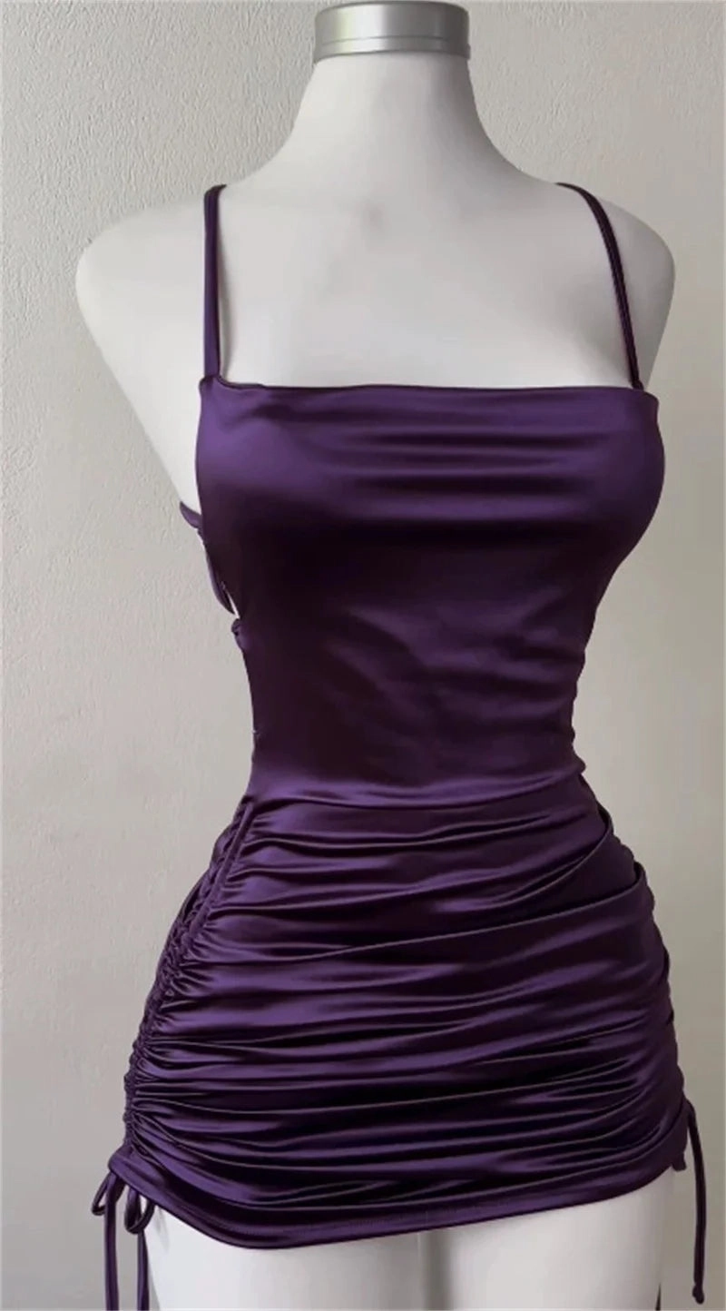 Women??s Sleeveless Backless Satin Bodycon Mini Dress for Summer Party Clubwear with Lace-Up Design and Hollow Out Details