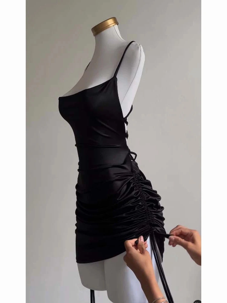 Women??s Sleeveless Backless Satin Bodycon Mini Dress for Summer Party Clubwear with Lace-Up Design and Hollow Out Details