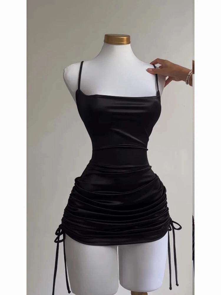 Women??s Sleeveless Backless Satin Bodycon Mini Dress for Summer Party Clubwear with Lace-Up Design and Hollow Out Details
