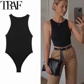 Women??s Sleeveless Bodycon Bodysuit for Summer Beach Party Casual Wear Black and White One Piece Swimsuit Tights