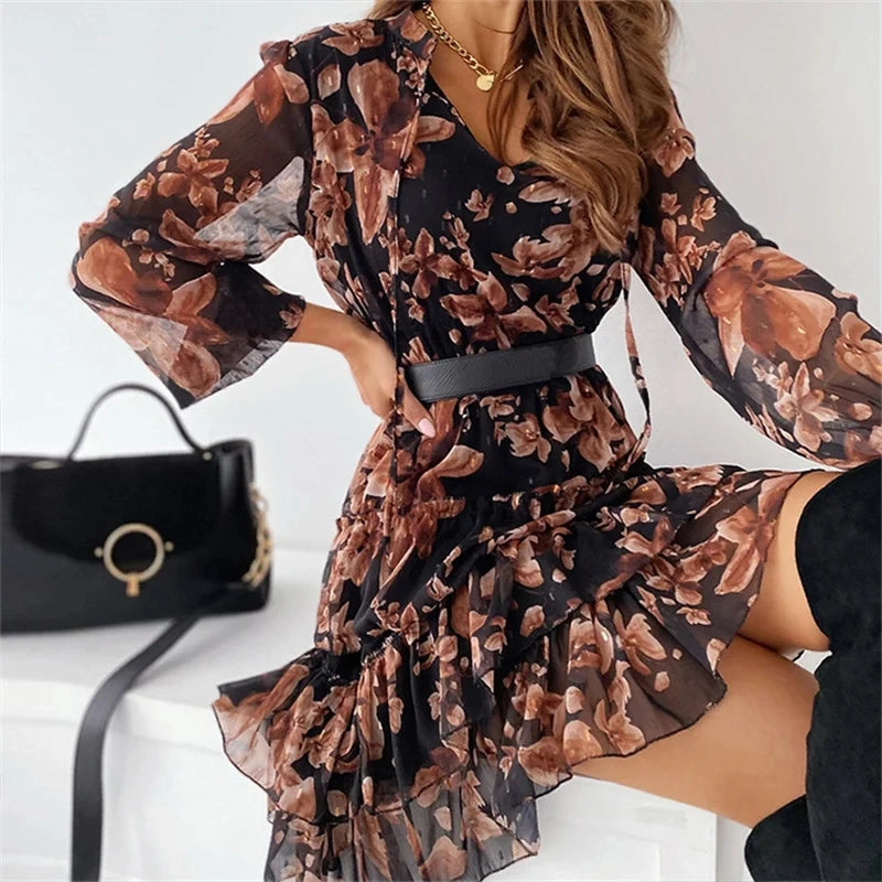 Women??s Spring Autumn Casual Long Sleeve Chiffon Dress with Flower Print and Ruffles