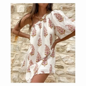 Women's Spring Summer Plant Print Pleated Dress with Lantern Sleeves and Diagonal Shoulder Casual Mini Fit for Daily Wear
