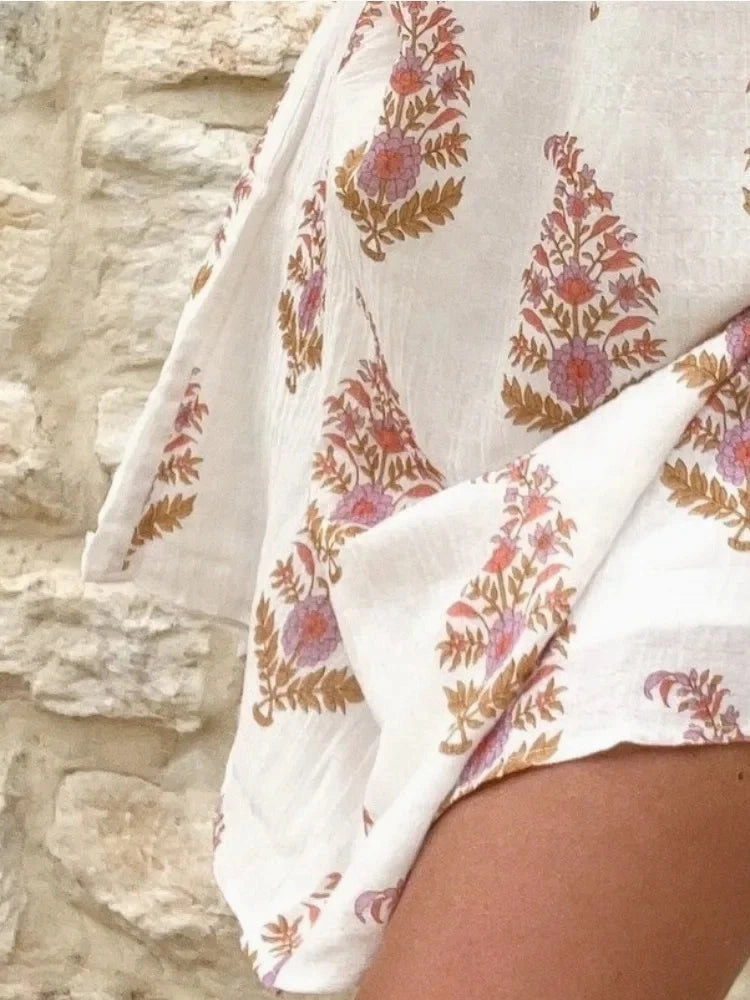 Women's Spring Summer Plant Print Pleated Dress with Lantern Sleeves and Diagonal Shoulder Casual Mini Fit for Daily Wear