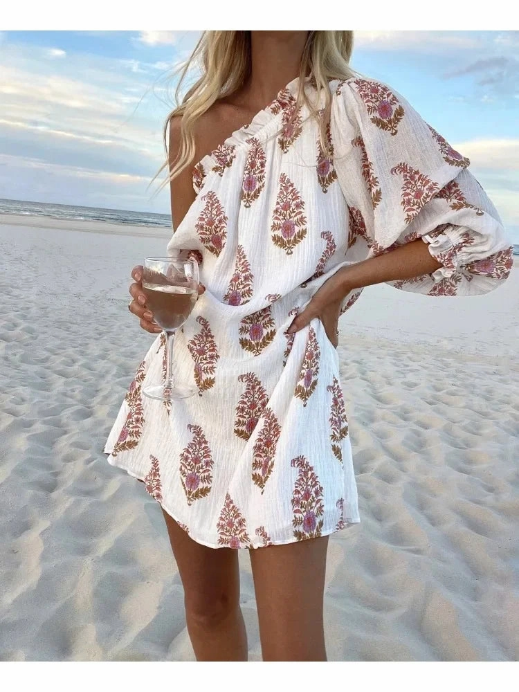 Women's Spring Summer Plant Print Pleated Dress with Lantern Sleeves and Diagonal Shoulder Casual Mini Fit for Daily Wear