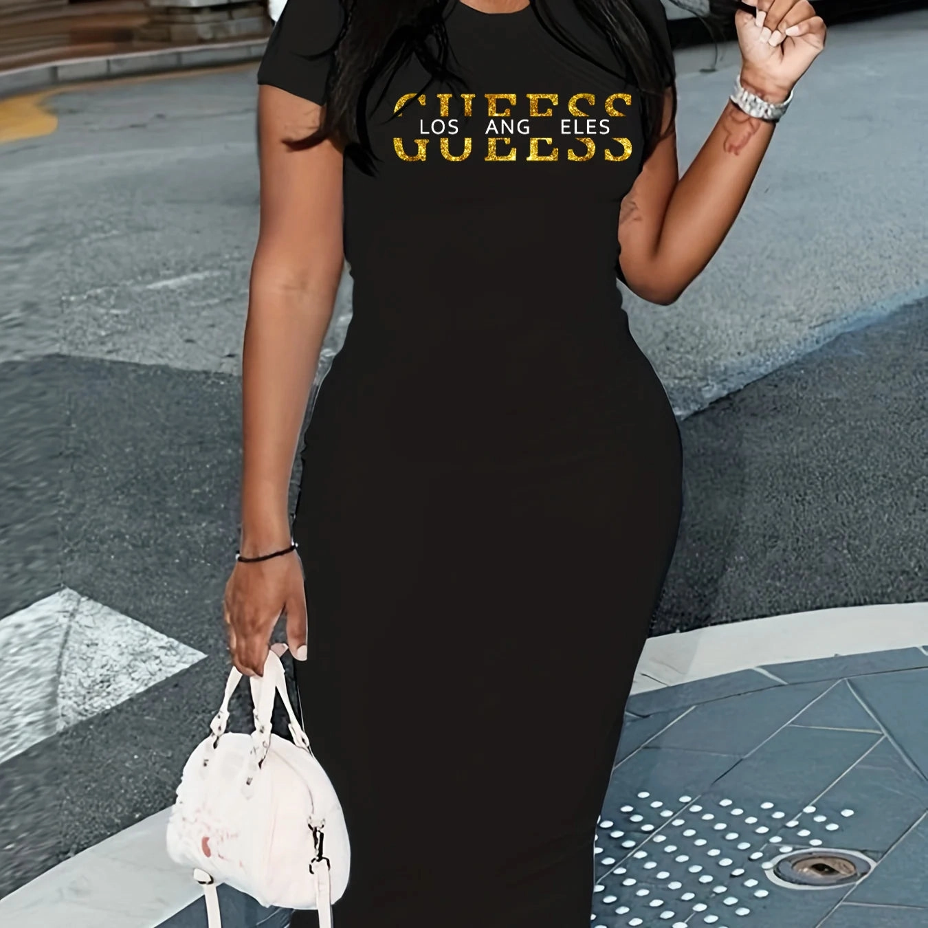 Women??s Summer Casual Dress with Los Angeles Letter Pattern and Round Neck Short Sleeves for Fashion and Party Occasions