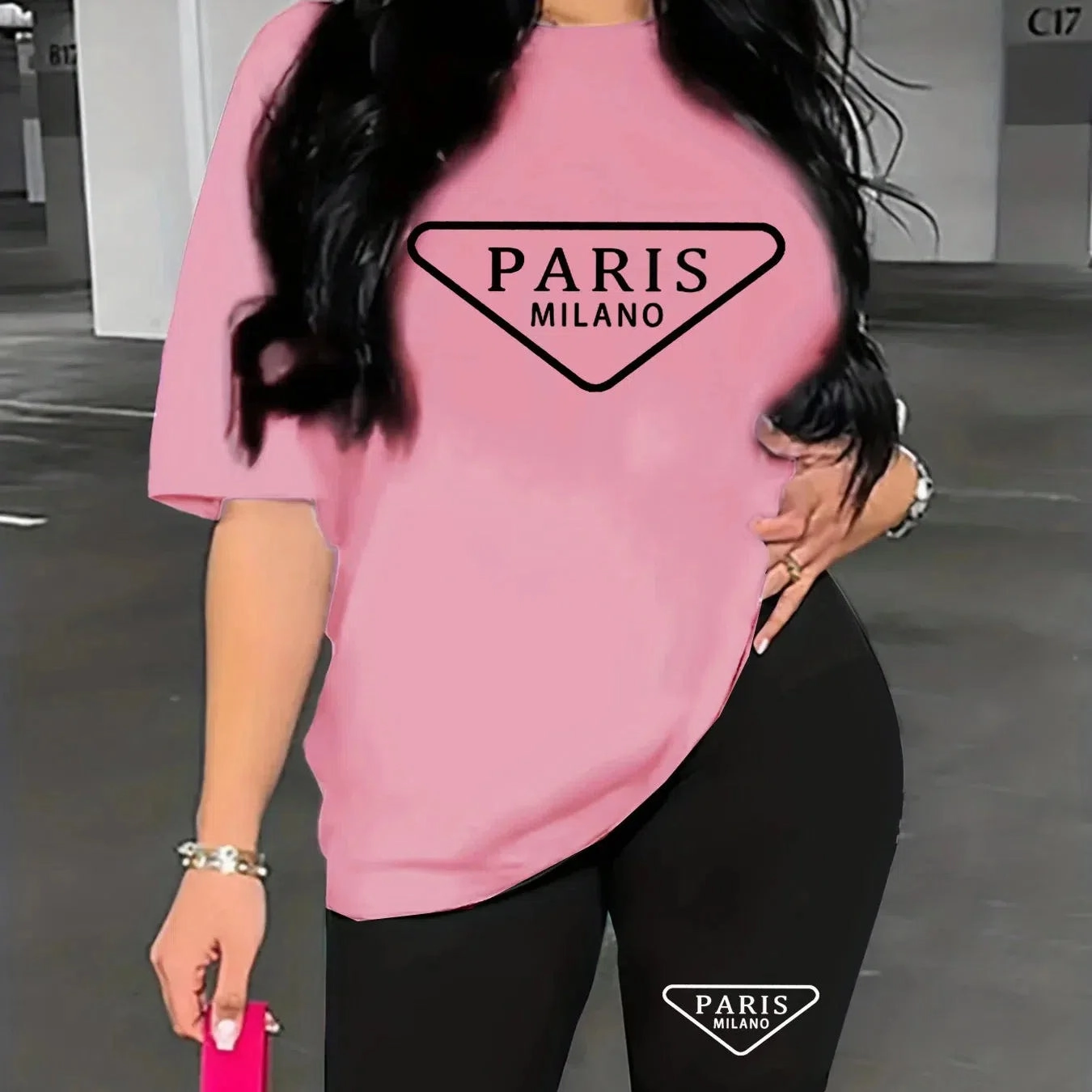 Women's Summer Casual Loose Fit Large Size PARIS Print T-Shirt and Shorts Set