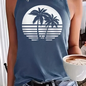 Women's Summer Coconut Tree Print Loose Sleeveless Tank Top