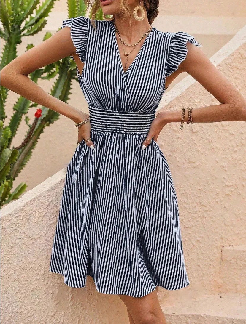 Women's Summer Dress with Stripes and Butterfly Sleeves Fashionable European American Style Mini Casual Dress