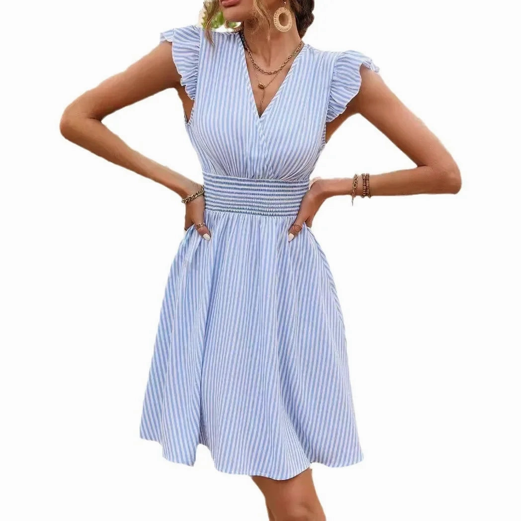 Women's Summer Dress with Stripes and Butterfly Sleeves Fashionable European American Style Mini Casual Dress