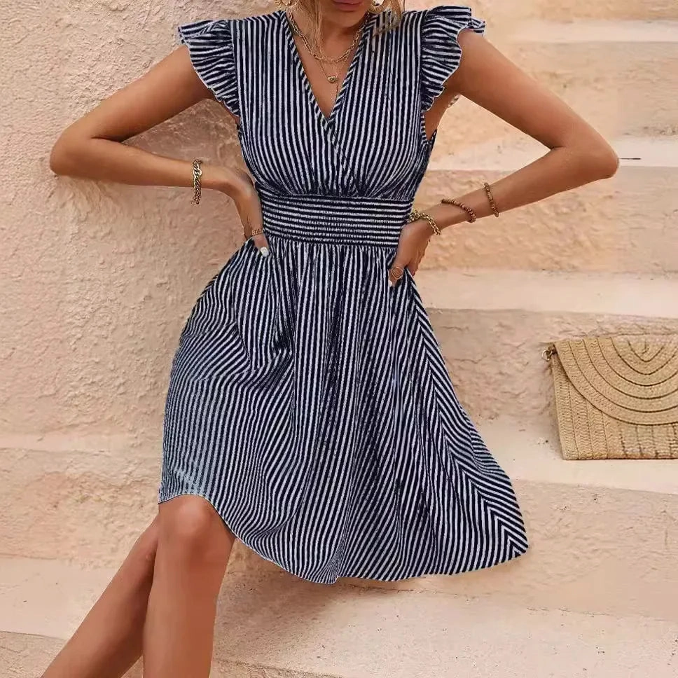 Women's Summer Dress with Stripes and Butterfly Sleeves Fashionable European American Style Mini Casual Dress