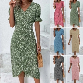 Women's Summer Elegant Dotted Flower Print Bubble Sleeve V-neck Slim Fit Dress S-5XL