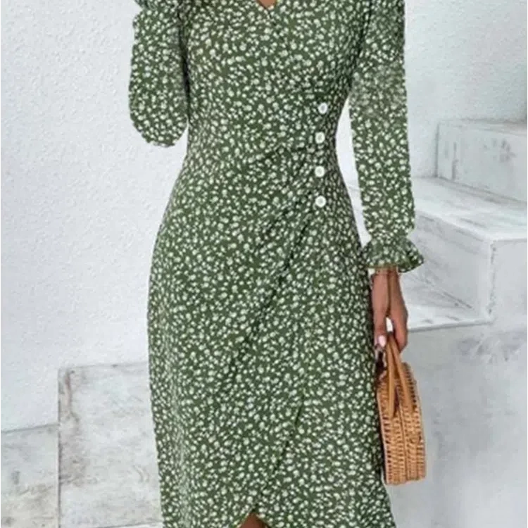 Women's Summer Elegant Dotted Flower Print Bubble Sleeve V-neck Slim Fit Dress S-5XL