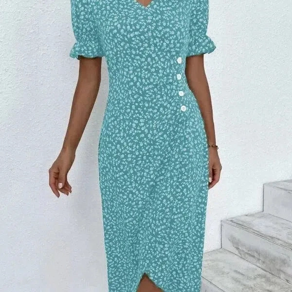 Women's Summer Elegant Dotted Flower Print Bubble Sleeve V-neck Slim Fit Dress S-5XL