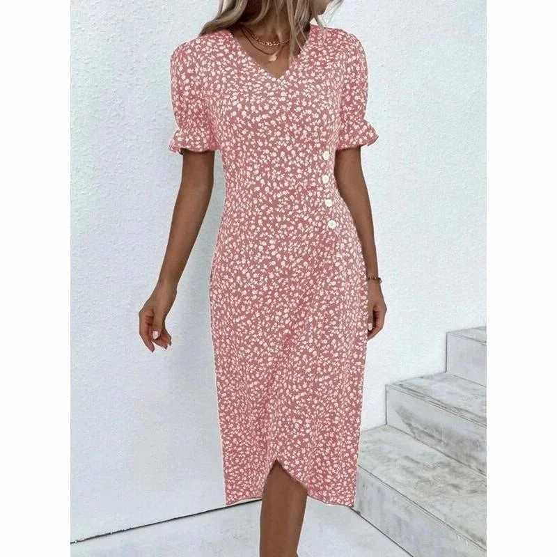 Women's Summer Elegant Dotted Flower Print Bubble Sleeve V-neck Slim Fit Dress S-5XL