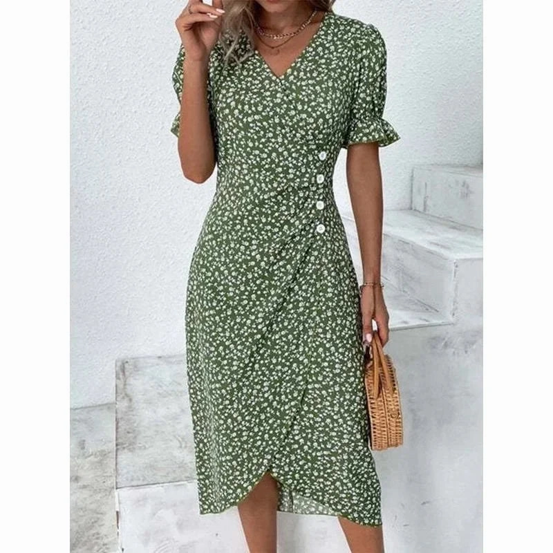 Women's Summer Elegant Dotted Flower Print Bubble Sleeve V-neck Slim Fit Dress S-5XL